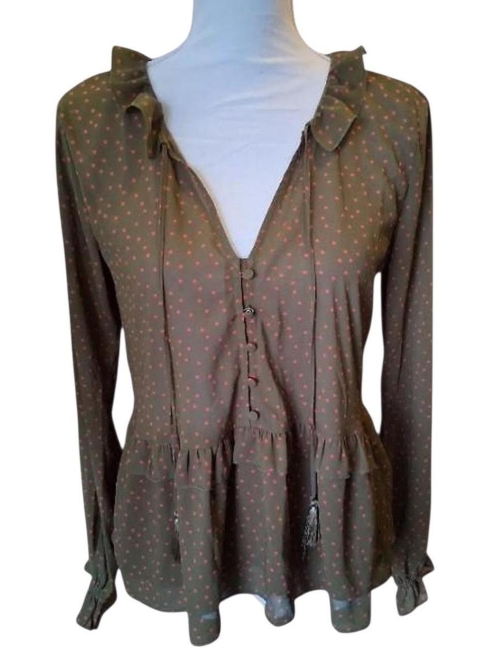 Abercrombie & Fitch Olive Green Peplum Blouse with Orange Dot Accents